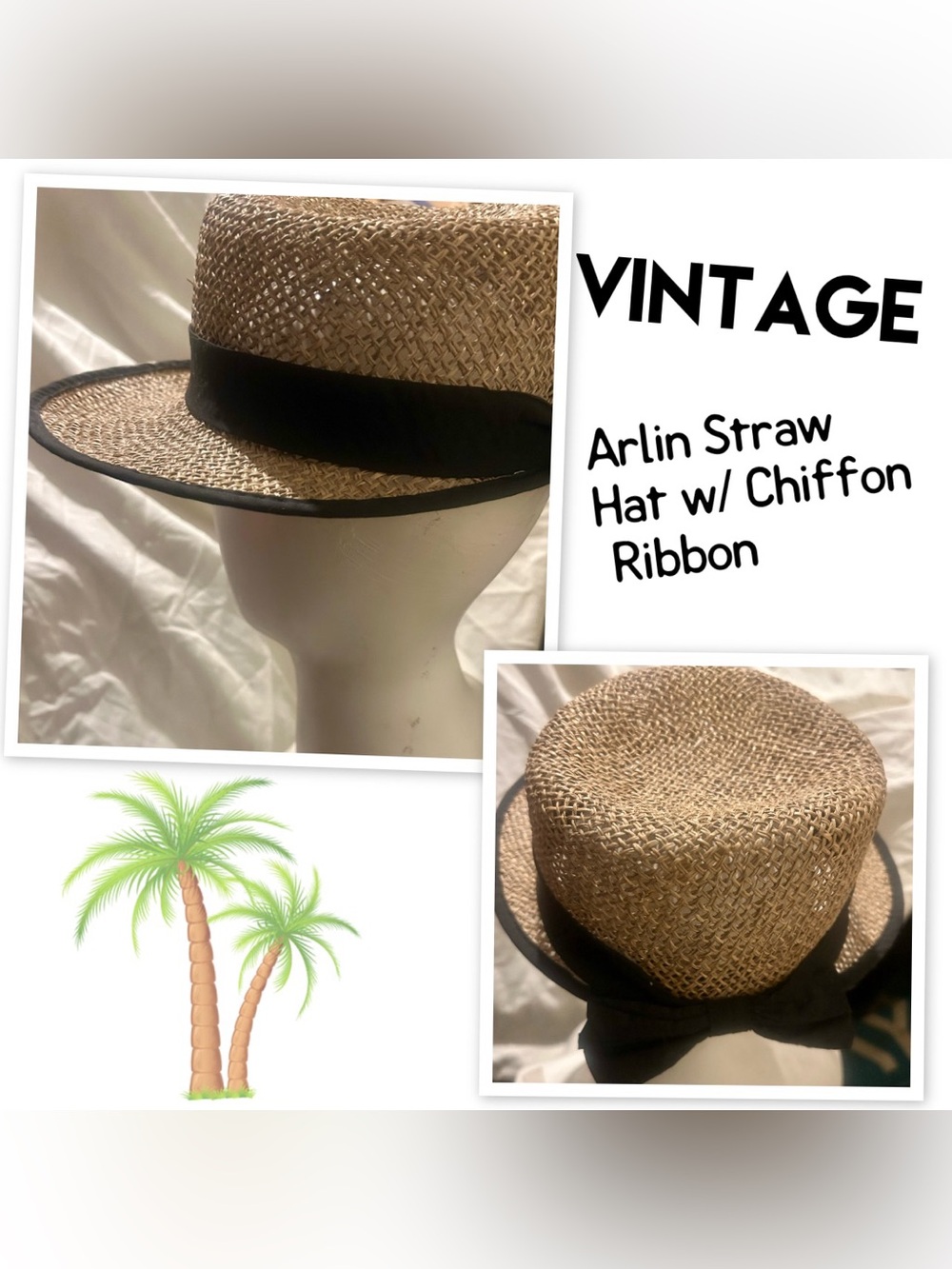 Vintage Arlin Straw Hat with Black Chiffon Ribbon